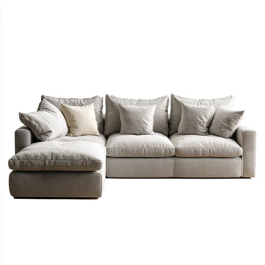 Sofa, 3 fotela beżowy szary poliester z szezlongiem lewo 280 x 165 x 84 cm