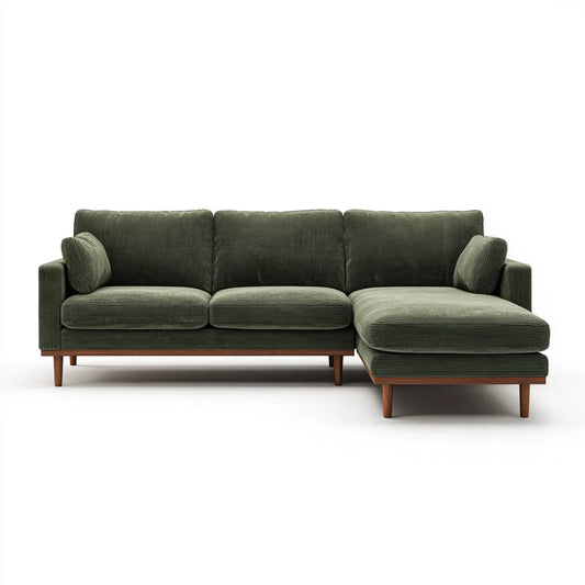 Sofa w prawym rogu 4 ciemnozielony w poliestrowym aksamicie z żebrem 270 x 160 x 85 cm