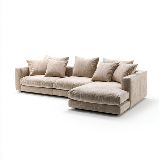 Sofa, Kanapa narożna z rekamierem z prawej beżowej poliestrowej aksamitu kształt litery 300 x 170 x 85 cm