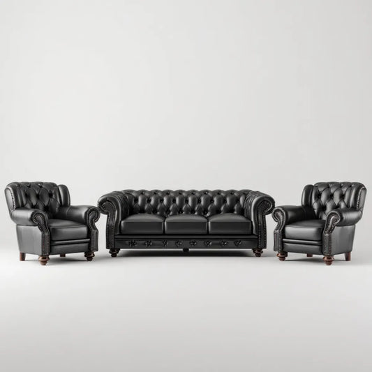 Sofa, Zestaw kanapy Chesterfield 3 fotele i 2 czarne skórzane fotele PU tapicerowane 210 x 90 x 78 cm